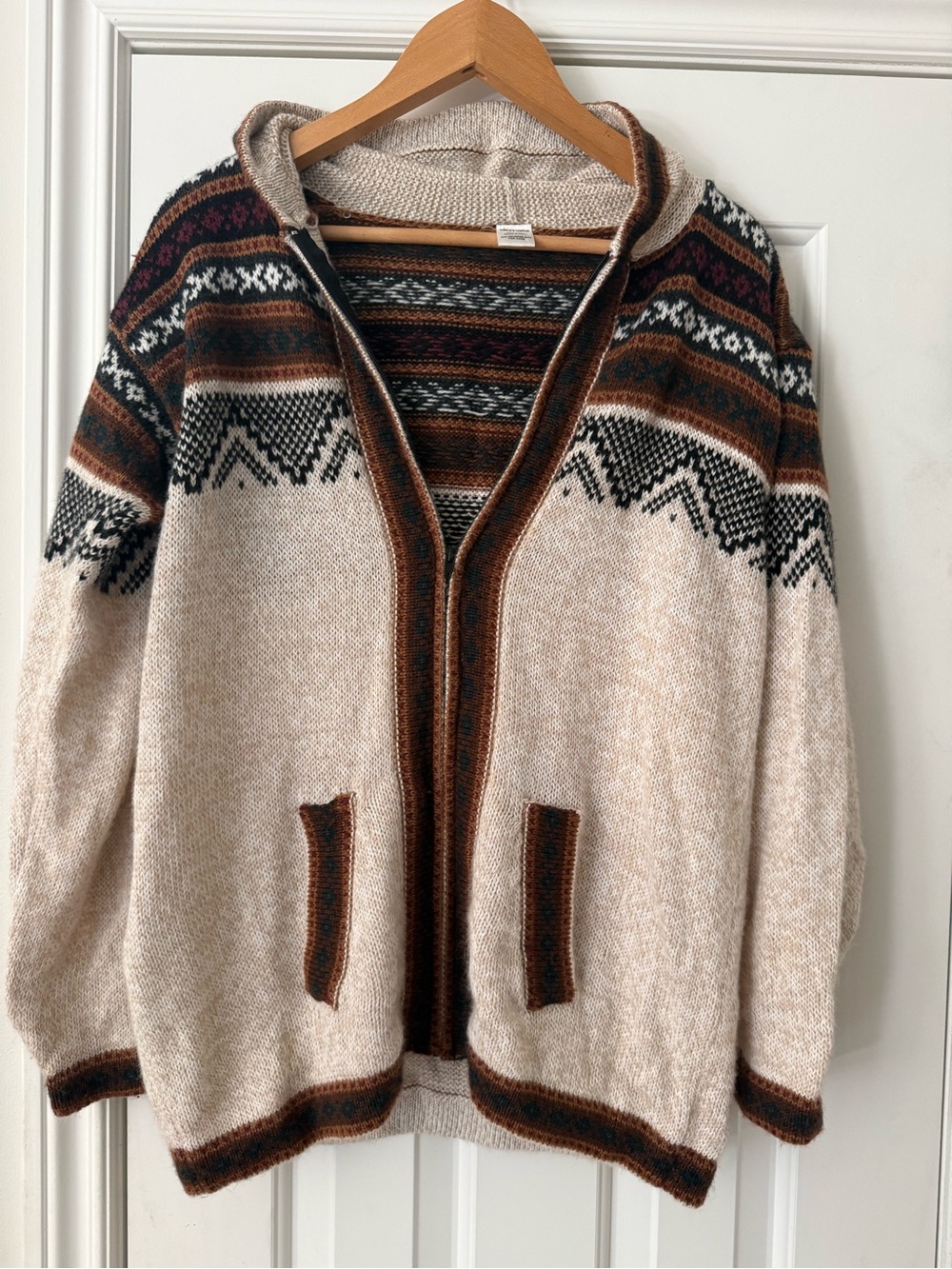 Oversized size M Cream Zip Hoodie Sweater vintage 100% wool made in Peru